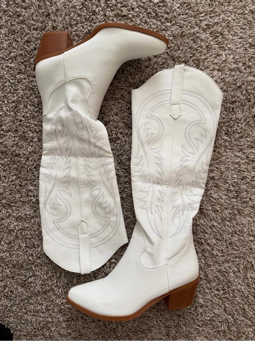 White Embroidered Western Knee-High Boots - Women